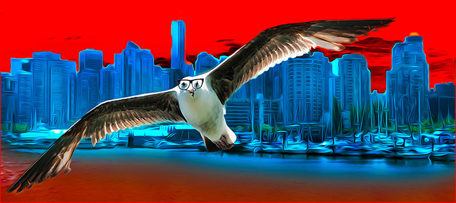 Flying seagull with glasses against a strangely colored skyline